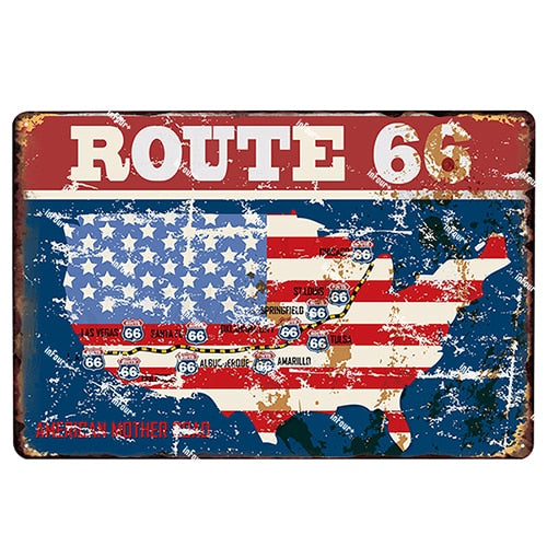 American 66 Route USA Metal Plate Tin Sign Plaque  Vintage Pub Bar Decor Metal Sign Metal Poster Home Decoration Vintage Poster